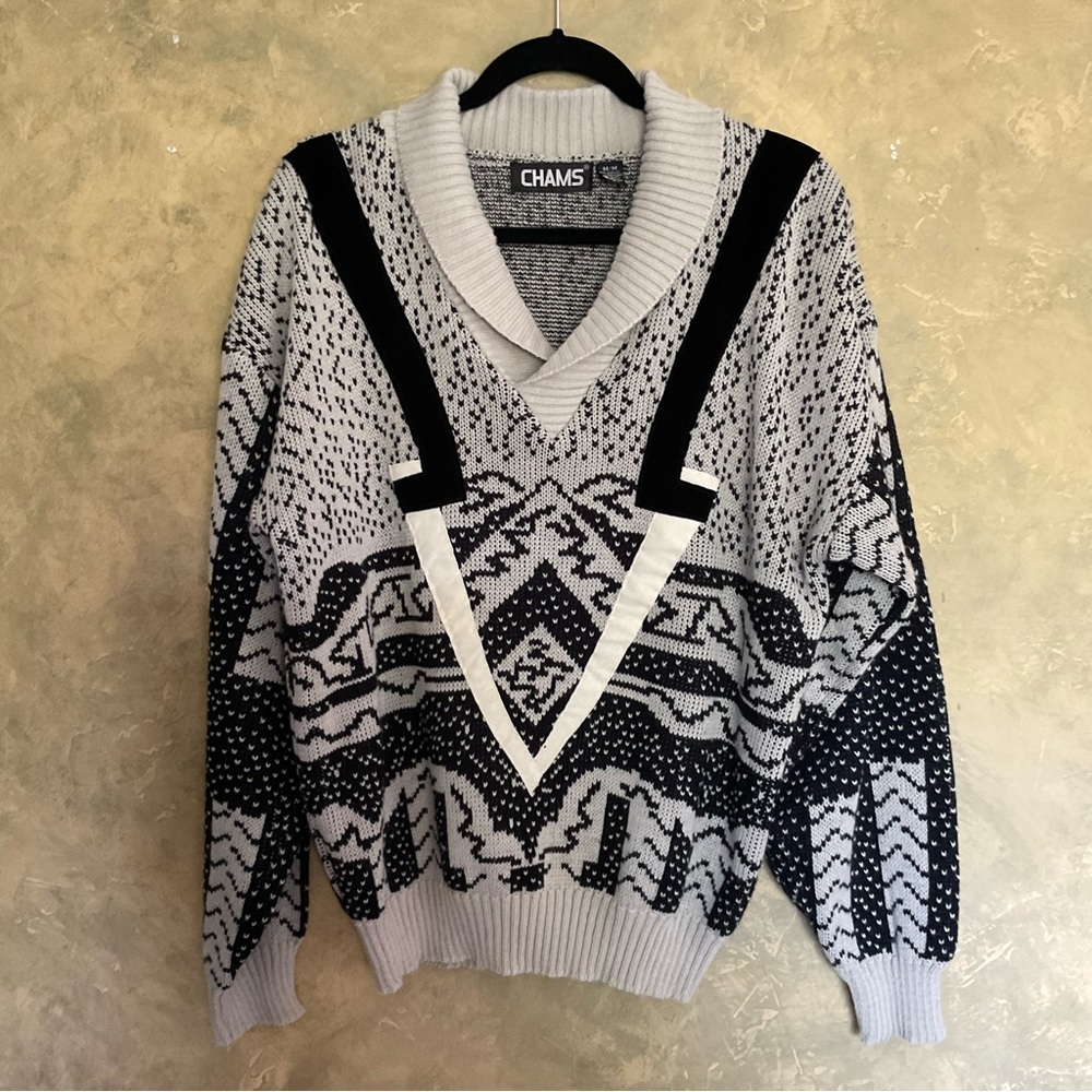 Vintage Chams | 80s Patterned Knit Shawl Collar Sweater | M - Picture 1 of 5